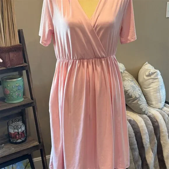 Zenana Outfitters | Dresses | Zenana Xl Dusty Pink Surplice Midi Dress  Vneck Short Sleeve Pockets Casual | Poshmark